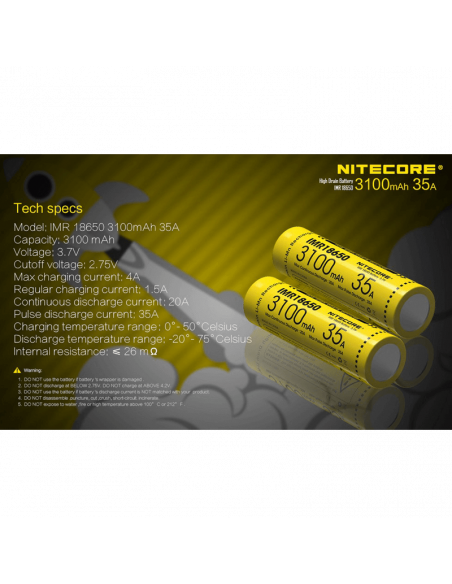 Pack 2 Baterías Nitecore IMR18650 3100mAH 35A recargable