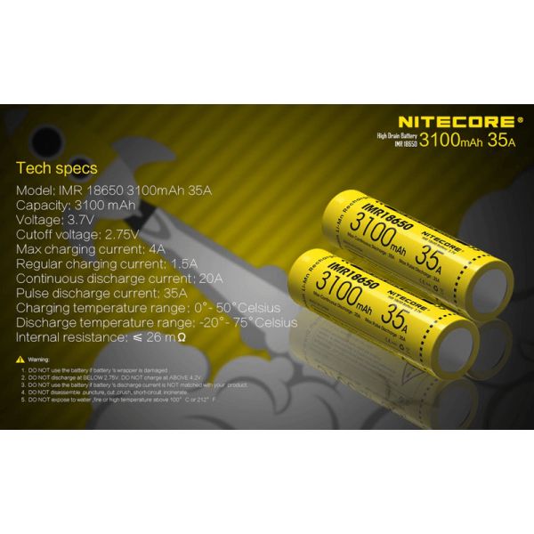 Pack 2 batteries rechargeables Nitecore IMR18650 3100mAH 35A