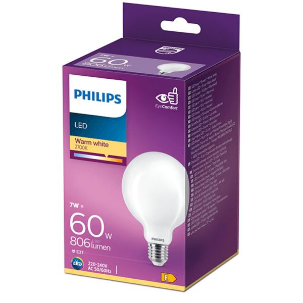 Bombilla Globo G93 E27 7W - 60W 2700K Cristal Opaco Philips | LeonLeds