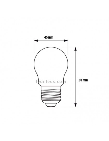 Dimensões Lâmpada Esférica LED E27 Classic Philips transparente 4,3W equivalente a 40W | leonleds