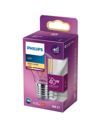 Bombilla LED esferica G45 de filamento 4,3W - 40W 2700k Philips | LeonLeds