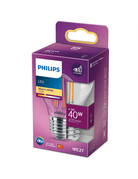 Bombilla LED esferica G45 de filamento 4,3W - 40W 2700k Philips | LeonLeds