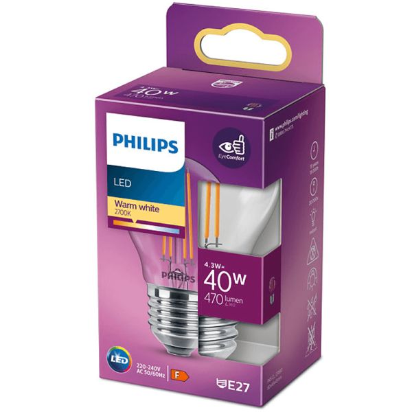 Bombilla LED esferica G45 de filamento 4,3W - 40W 2700k Philips | LeonLeds