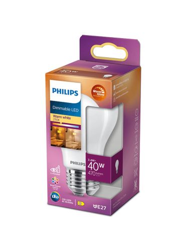 Bombilla LED Reglable A60 Equivalente a 40W - 3,4W Cristal Opaco LED Classic E27 Dimmable Philips | LeonLeds
