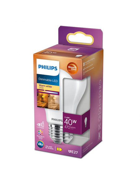 Bombilla LED Reglable A60 Equivalente a 40W - 3,4W Cristal Opaco LED Classic E27 Dimmable Philips | LeonLeds