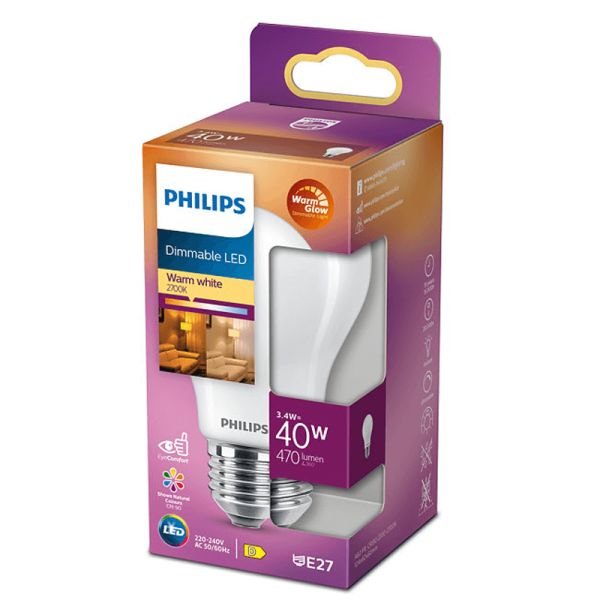 Lâmpada LED A60 Regulável Equivalente a 40W - LED de Vidro Opaco 3,4W Clássico E27 Regulável Philips | leonleds