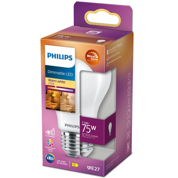 Ampoule LED A60 Dimmable avec filetage E27 Équivalent à 75W - 7.2W Verre Opaque LED Classic Dimmable Philips | leonleds