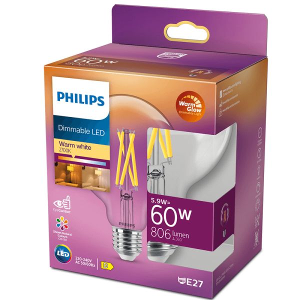 Caja Bombilla LED Globo regulable E27 de filamento G95 5.9W - 60W 2.700K Philips 8719514323957 | LeonLeds