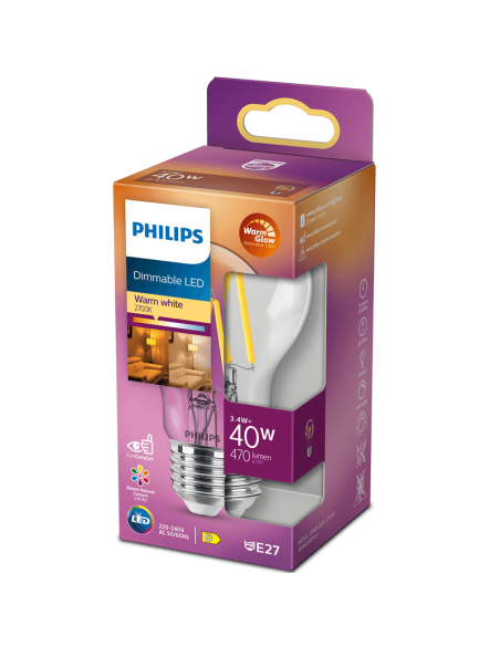 Bombilla LED Regulable de filamento A60 Equivalente a 40W - 3,4W LED Classic Dimmable Philips | LeonLeds