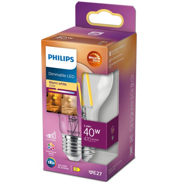 Ampoule à filament DEL à intensité variable A60 Équivalent 40 W - DEL classique 3,4 W à intensité variable Philips | leonleds
