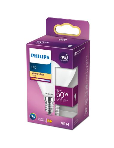 Bombilla esférica E14 formato P45 cristal opaco LED 6.5W - 60W 8718699762292 Philips | LeonLeds