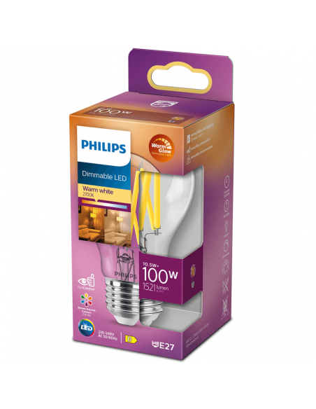 Caja Bombilla LED Regulable E27 de filamento A60 Equivalente a 100W - 10,5W LED Classic Dimmable Philips | LeonLeds