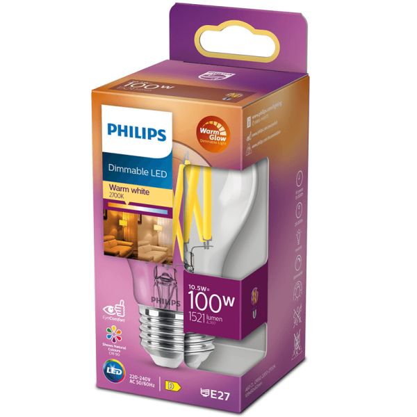 Caixa de lâmpada LED regulável Filamento E27 A60 Equivalente a 100W - 10,5W LED Classic Regulável Philips | leonleds
