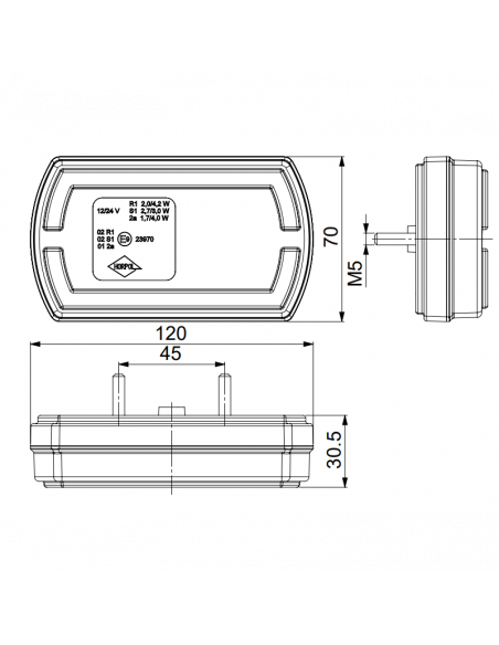 Dimensiones Piloto Trasero LED rectangular Neon con cable 3 Funciones R1 S1 2A LZD2790 | LeonLeds