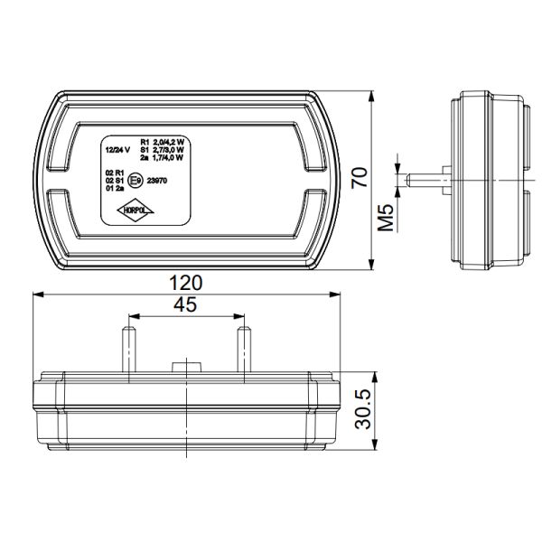 Dimensiones Piloto Trasero LED rectangular Neon con cable 3 Funciones R1 S1 2A LZD2790 | LeonLeds