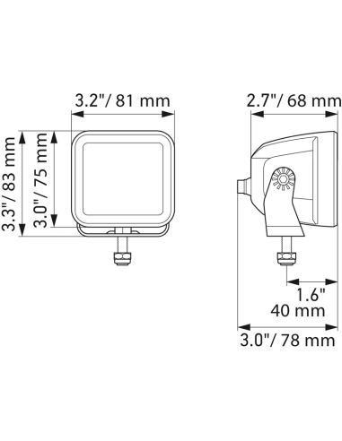 Dimensions Phare LED Carré Noir Magic Cube Kit 3.2" 12V/24V 3000Lm 2 Unités Deutsch Hella 1FA 358 176-811 Hella | LeonLeds