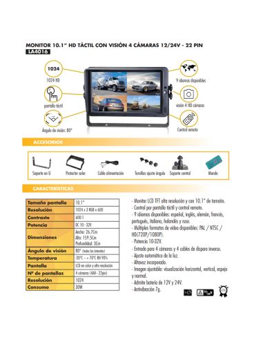 Monitor de toque HD de 10,1 polegadas com visão para folha de dados de 4 câmeras
