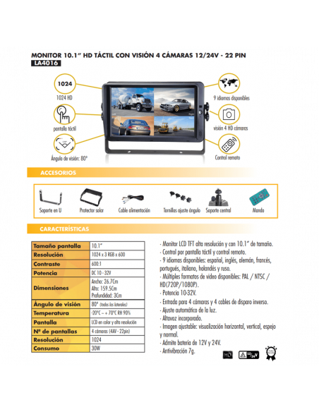 Monitor táctil 10,1 pulgadas HD con visión para 4 cámaras ficha técnica