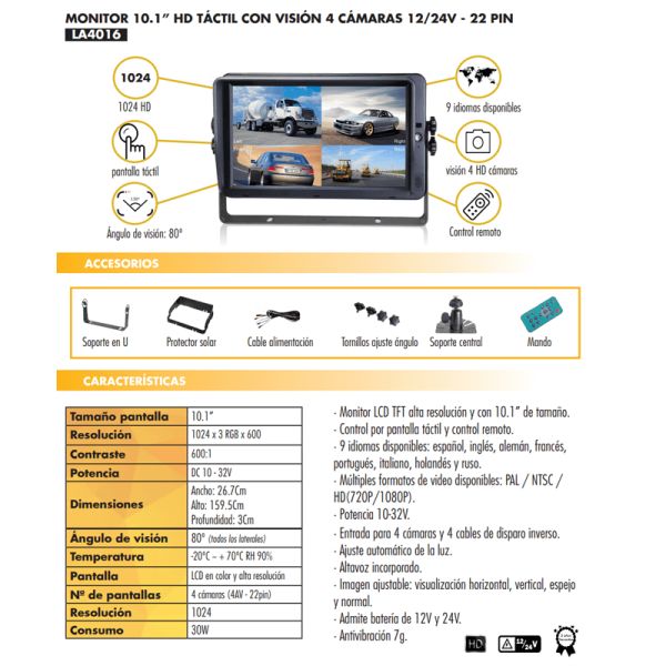 Monitor de toque HD de 10,1 polegadas com visão para folha de dados de 4 câmeras