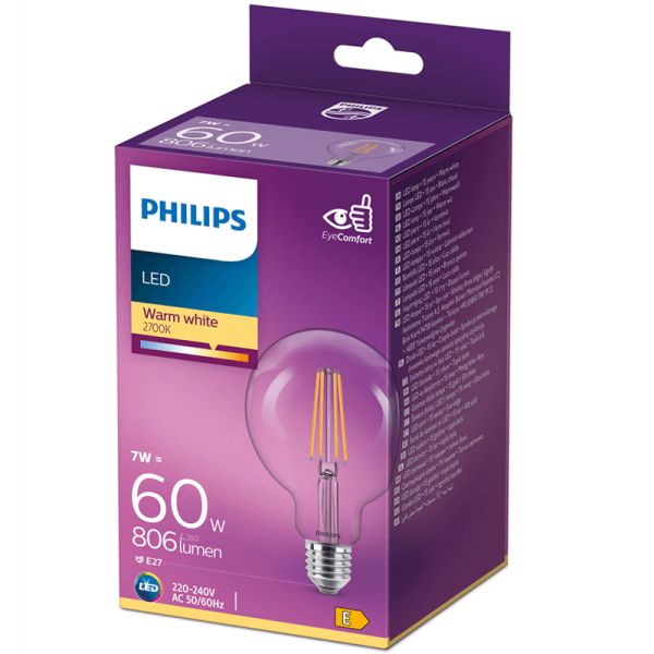 Lâmpada LED Caixa Globo G93 Filamento 7W - 60W 806Lm Luz Quente 2.700K Philips 8718699770501 | leonleds
