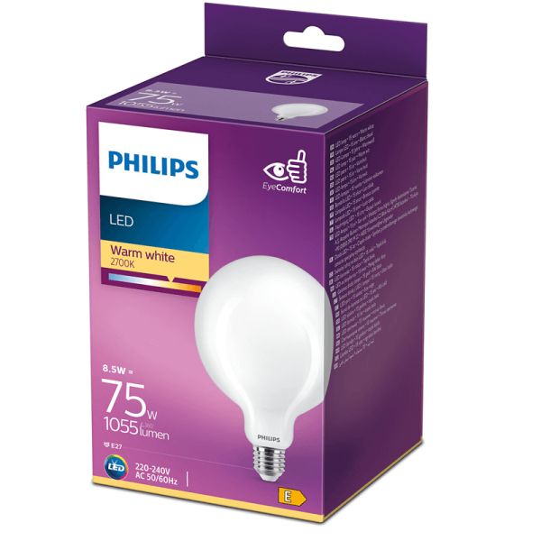 Lâmpada LED G120 formato globo E27 8,5W - 75W Vidro opaco 8718699648176 Philips | leonleds
