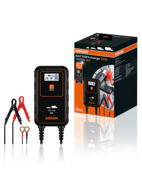 Cargador Inteligente para Coche o Camión 12V y 24V de 8A BATTERYcharge 908 OEBCS908 4052899620544 Osram | LeonLeds