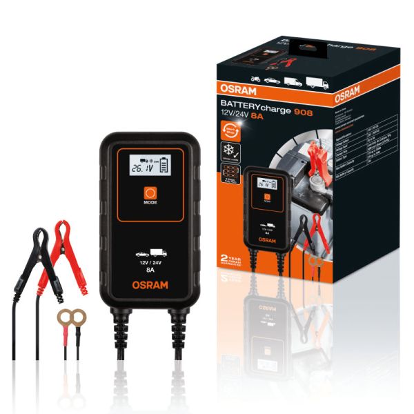 Cargador Inteligente para Coche o Camión 12V y 24V de 8A BATTERYcharge 908 OEBCS908 4052899620544 Osram | LeonLeds