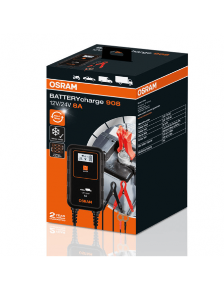 Cargador Inteligente para Coche o Camión 12V y 24V de 8A BATTERYcharge 908 OEBCS908 4052899620544 Osram | LeonLeds