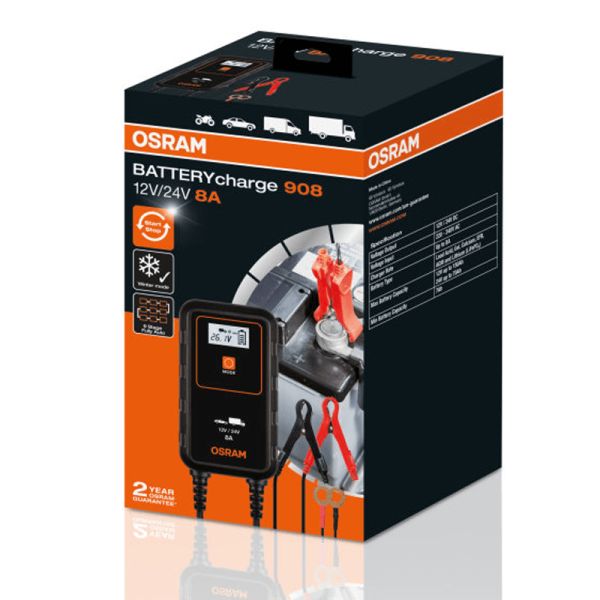 Cargador Inteligente para Coche o Camión 12V y 24V de 8A BATTERYcharge 908 OEBCS908 4052899620544 Osram | LeonLeds