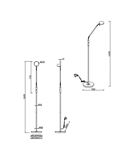 Lampadaire LED moderne Monza nickel mat mesures