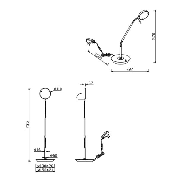 Mesures de la lampe de table LED réglable Monza nickel mat