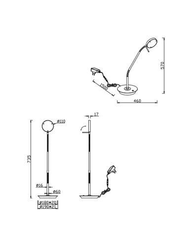 Lampe de table d'étude LED flexible Monza mesures