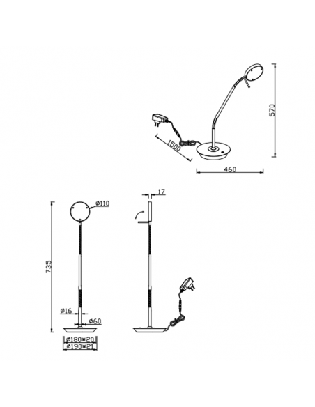 Candeeiro de mesa de estudo LED flexível Monza medidas