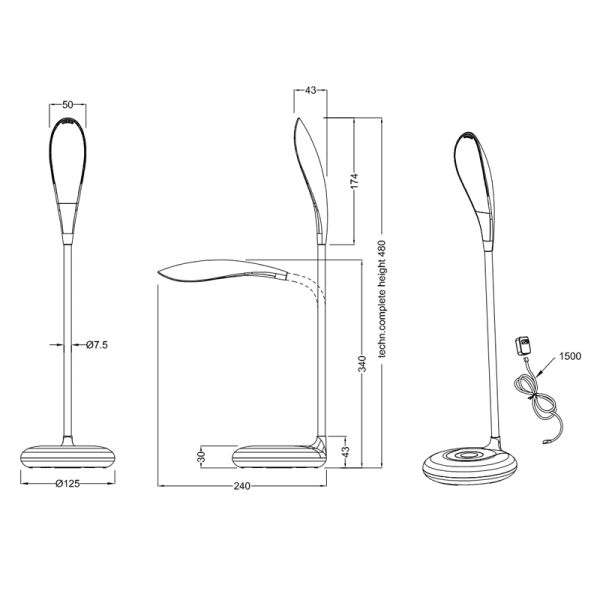 Candeeiro de mesa LED Krait branco com medidas de luz ajustáveis