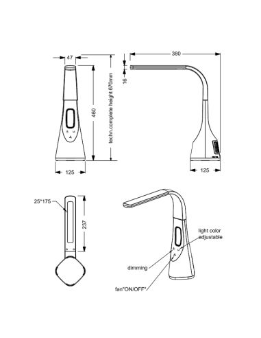 Lampe de table LED Vento réglable avec mesures de ventilateur