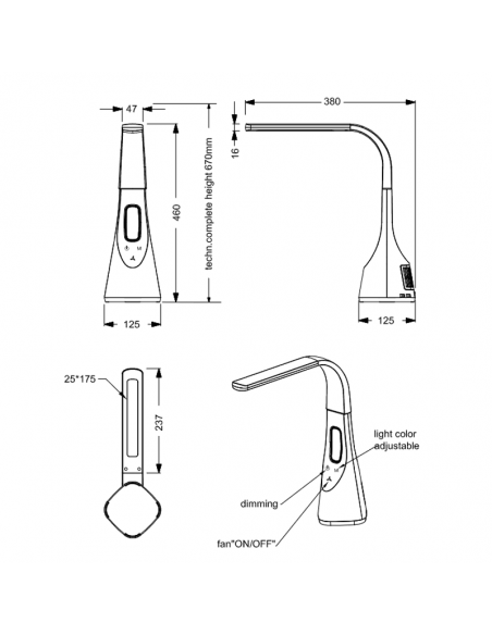 Lampe de table LED Vento réglable avec mesures de ventilateur