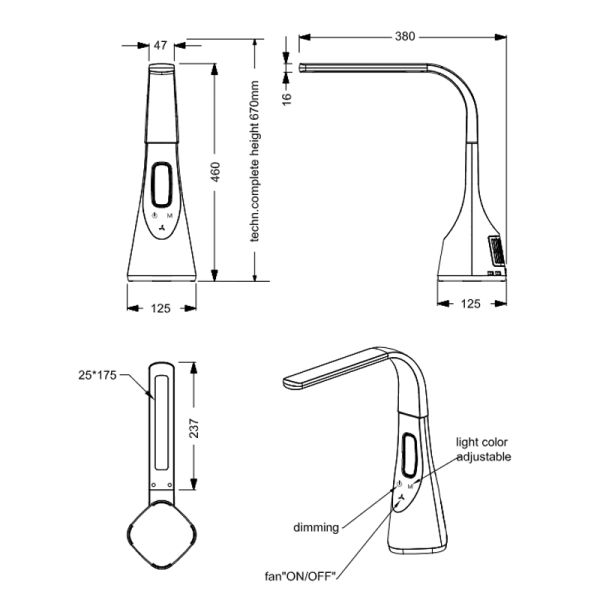 Lampe de table LED Vento réglable avec mesures de ventilateur