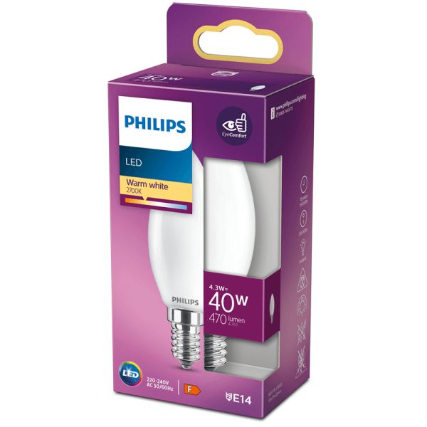 Lâmpada LED E14 4,3W - 40W B35 Vela Classic 8718699763398 Philips | leonleds