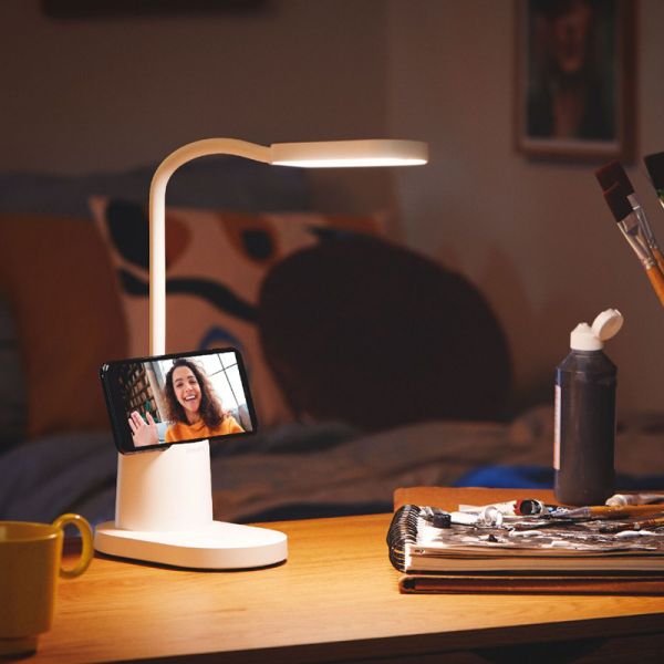 Flexo LED bucket blanco con soporte para móvil ambiente