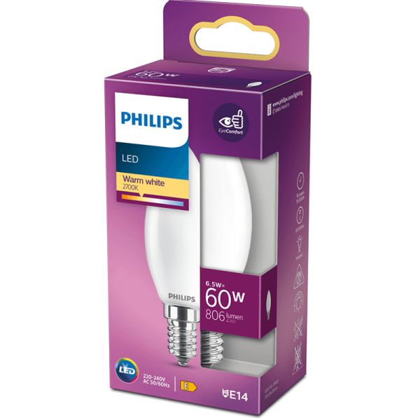Bombilla LED E14 6.5W - 60W B35 Vela Classic 8718699762698 Philips | LeonLeds