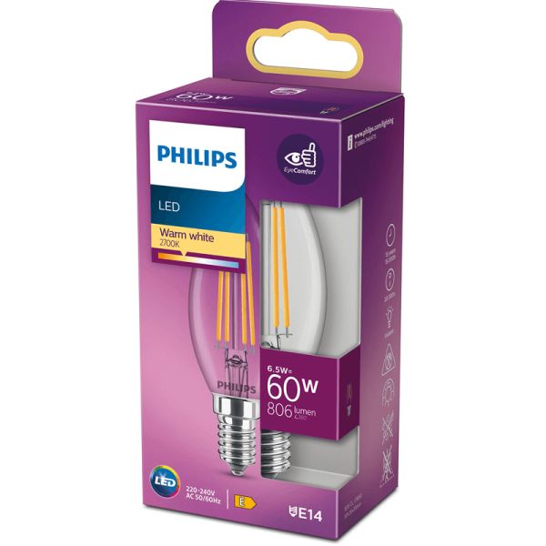 Bombilla E14 LED 6.5W - 60W Vela Filamentos 8718699762193 Philips | LeonLeds