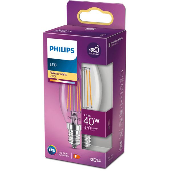 Lâmpada E14 LED 4,3W - 40W Vela Filamentos 8718699763077 Philips | leonleds