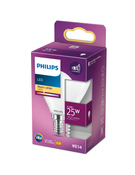 Bombilla LED E14 2,2W P45 Philips Esférica Mate 8718699763411 | LeonLeds