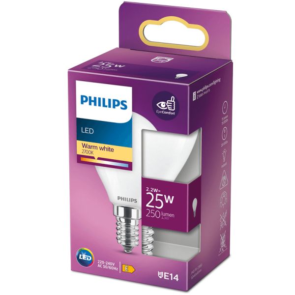 Bombilla LED E14 2,2W P45 Philips Esférica Mate 8718699763411 | LeonLeds