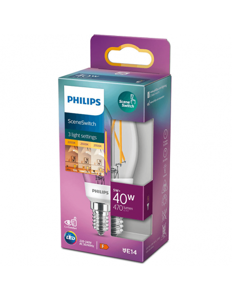 Ampoule bougie LED 5W - 40W Interrupteur de scène à filament 8718699772154 Philips | leonleds