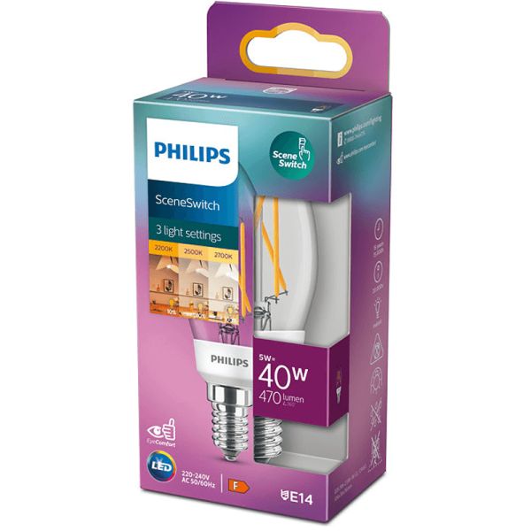 Ampoule bougie LED 5W - 40W Interrupteur de scène à filament 8718699772154 Philips | leonleds