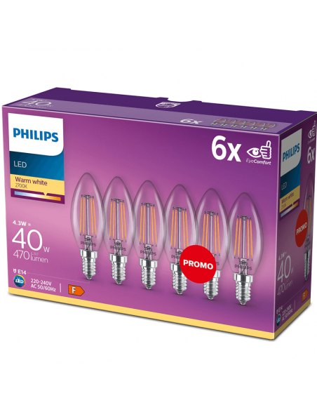Lâmpada LED E14 4,3W - 40W Filamentos de Vela Pack 6 Unidades 2.700K 8718696775035 Philips | leonleds