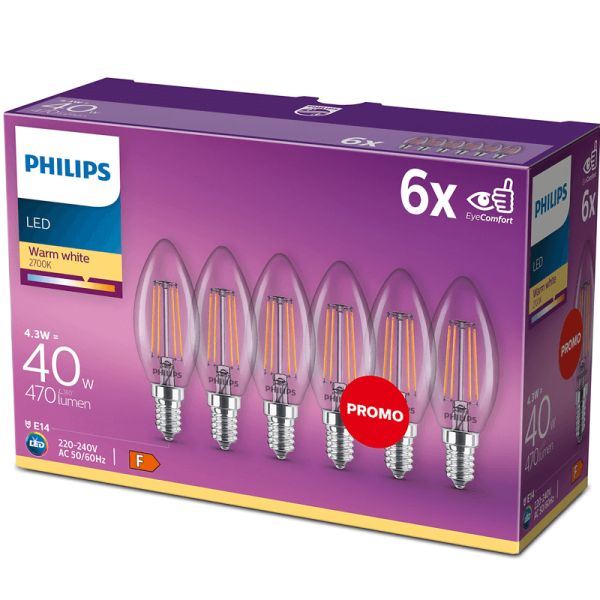 Bombilla E14 LED 4.3W - 40W Vela Filamentos Pack 6 Unidades 2.700K 8718696775035 Philips | LeonLeds