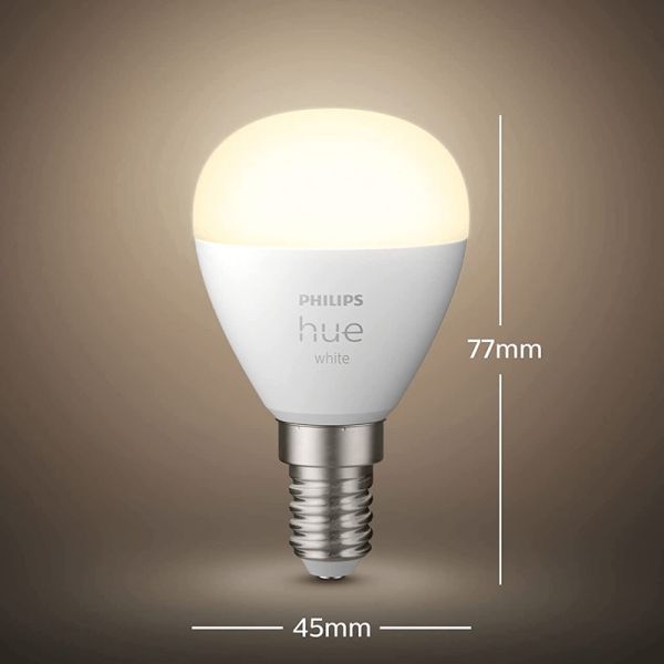 Dimensiones Bombilla LED esferíca inteligente Hue 470Lm 5,7w 2.700K Compatible con Alexa Google Home Philips | LeonLeds