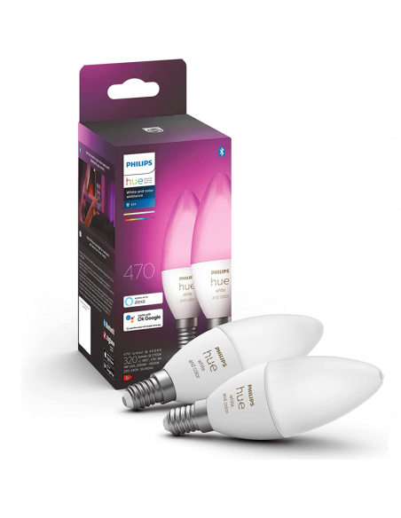 Pack de 2 Bombillas LED vela inteligente 4W - 40W con Luz Blanca y de Colores 8719514356610 Philips | LeonLeds